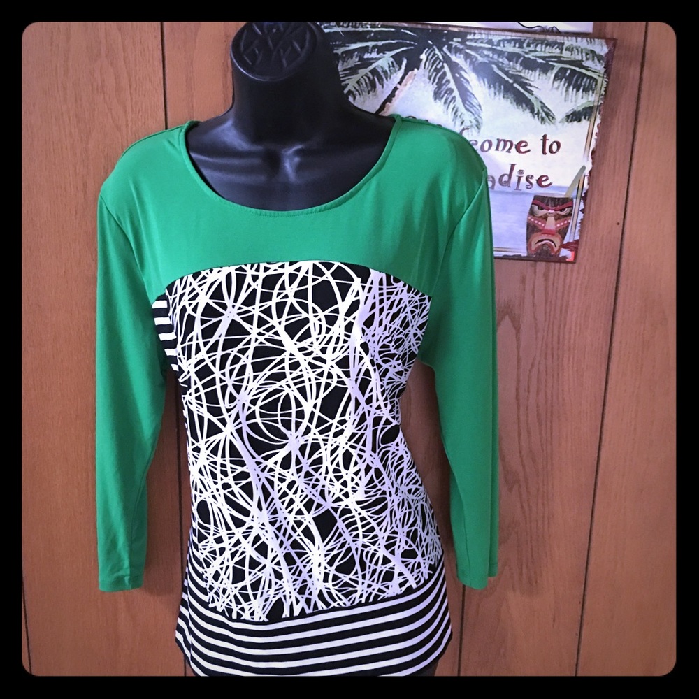 Calvin Klein Green Black White Graphic Mixed-Print Top